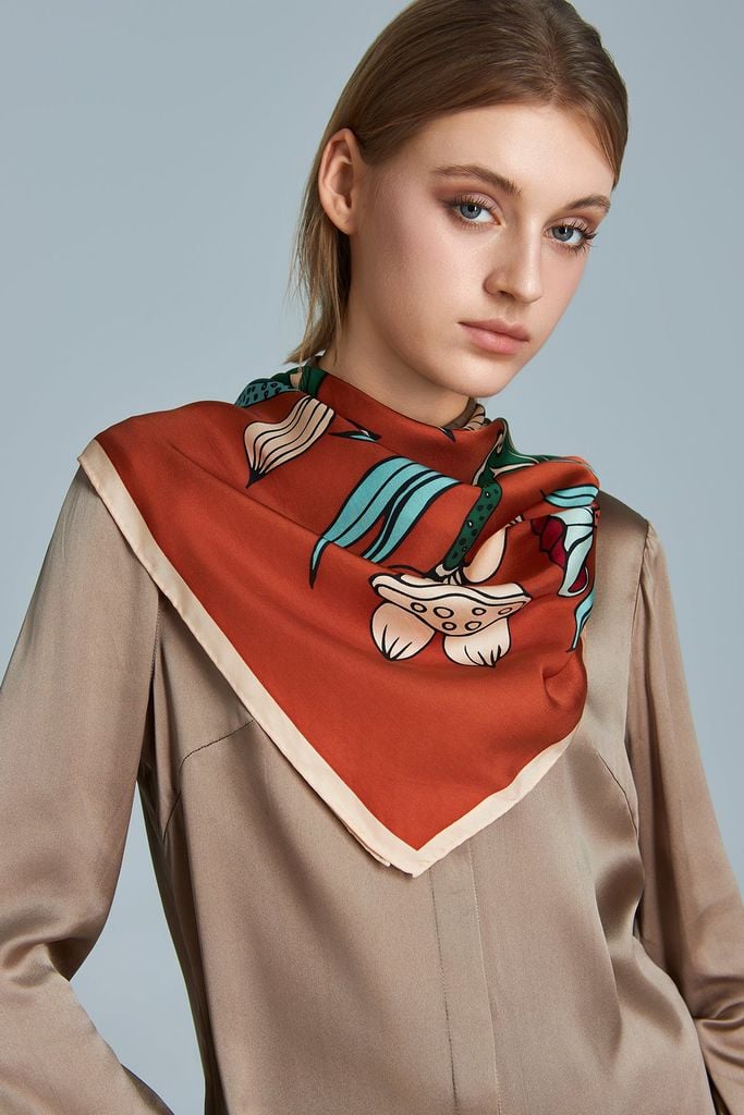 The Lotus Dance Silk Scarf / Terra Cotta Orange / Size 90x90