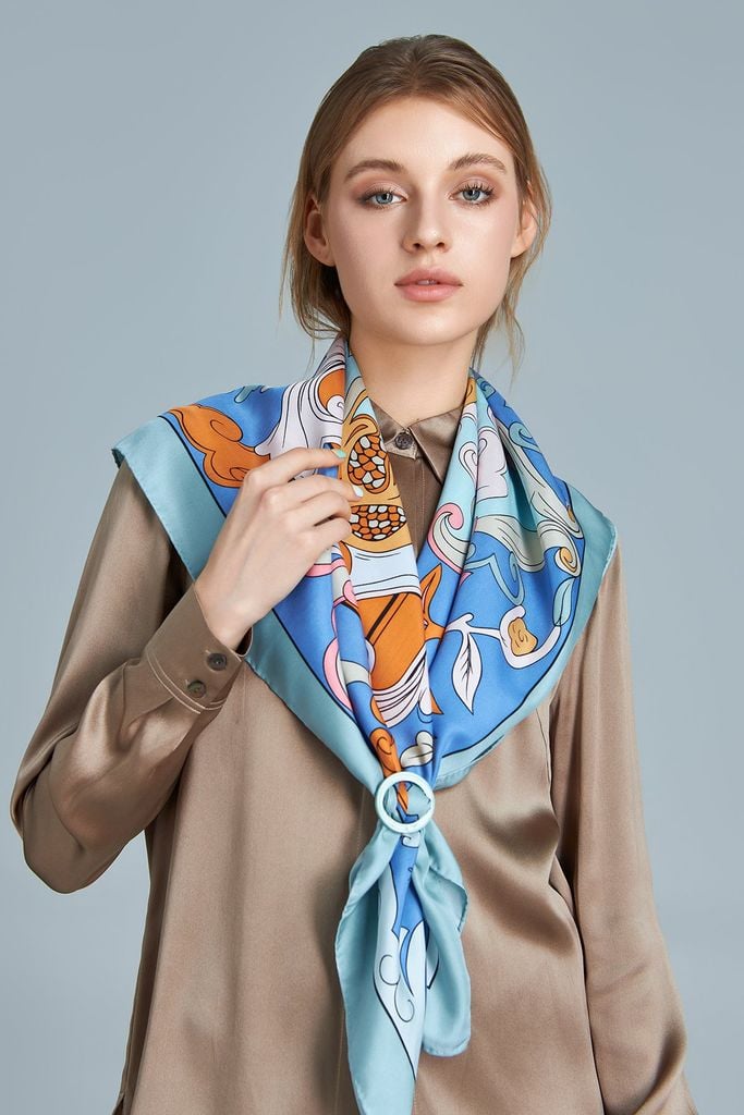 The Buddha's Hand Silk Scarf / Light Blue / size 90x90