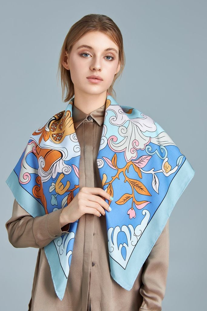 The Buddha's Hand Silk Scarf / Light Blue / size 90x90