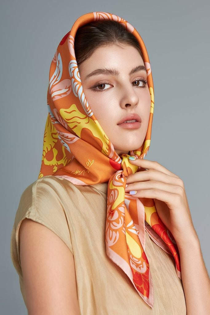 The Garden of Youth Silk Scarf / Shiny Amber / size 90x90