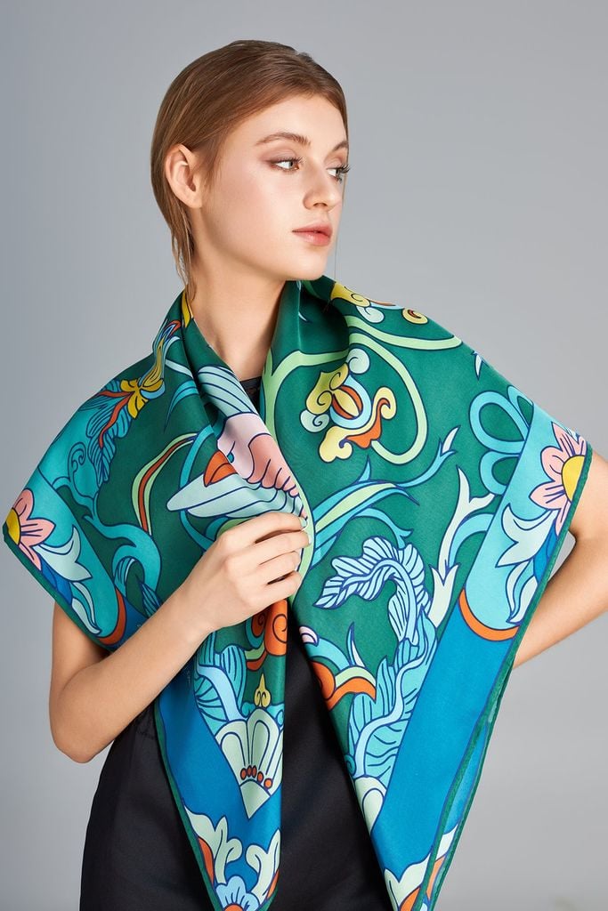 The Phoenix Silk Scarf / Forest Green / size 100x100