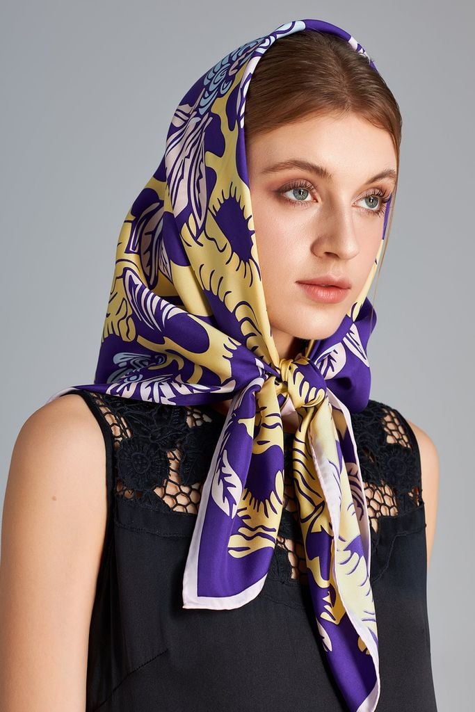 The Garden of Youth Silk Scarf / Violet-Yellow / size 90x90