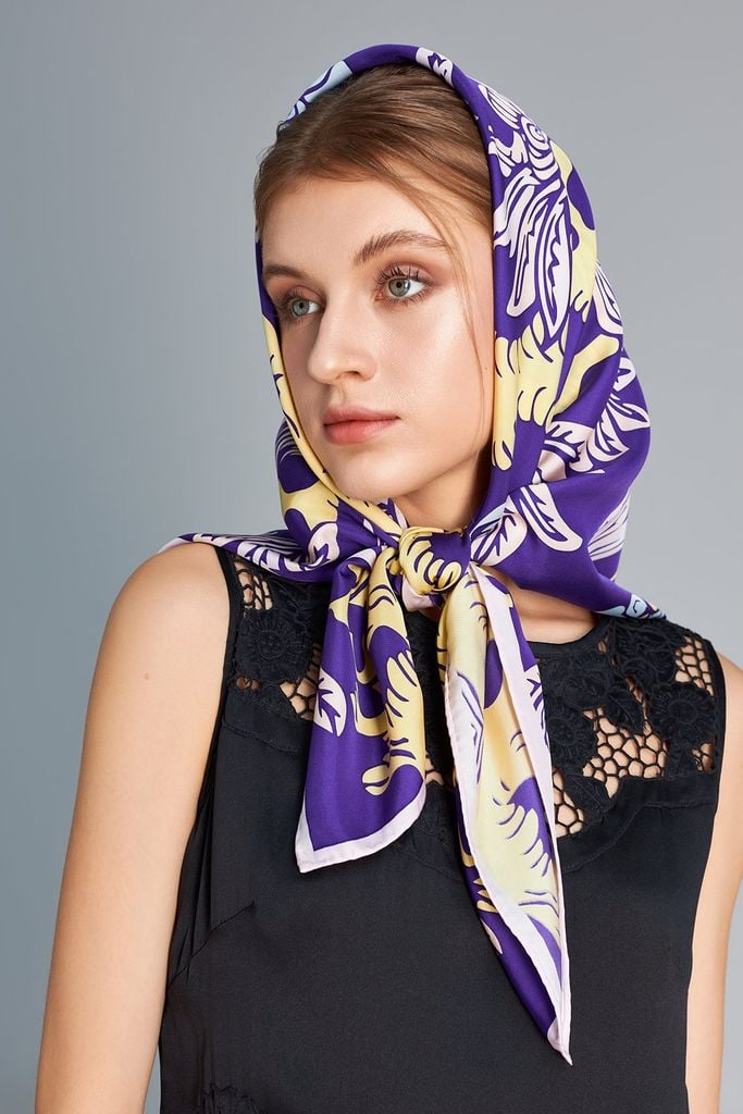 The Garden of Youth Silk Scarf / Violet-Yellow / size 90x90