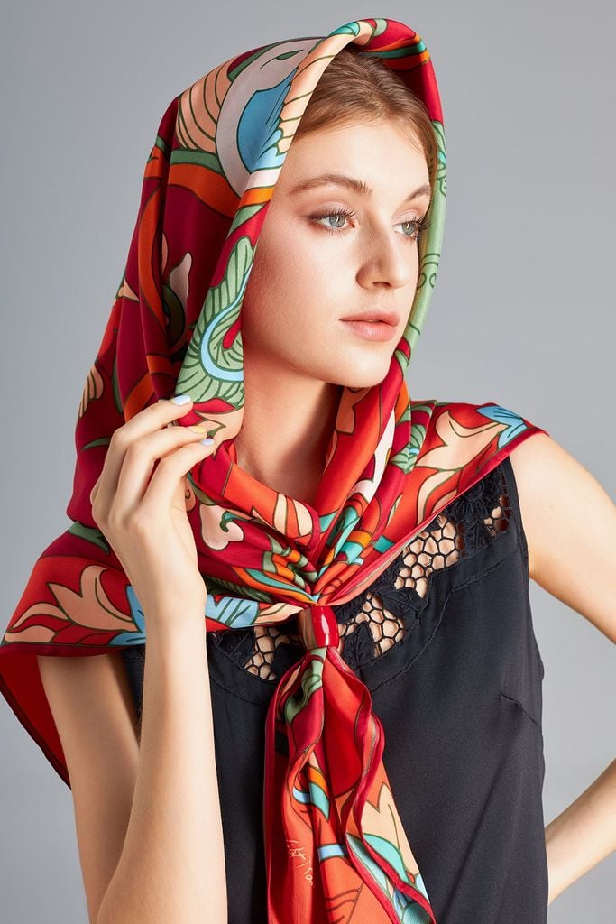 The Phoenix Silk Scarf / Fire Red / size 100x100