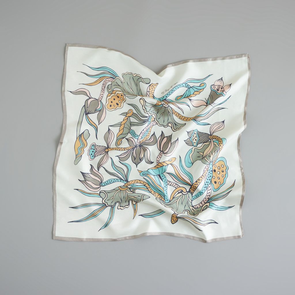The Lotus Dance Silk Scarf / Khaki / Size 65x65