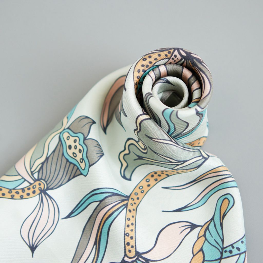The Lotus Dance Silk Scarf / Khaki / Size 65x65