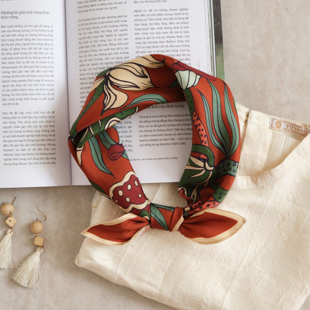 The Lotus Dance Silk Scarf / Orange Size 55x55