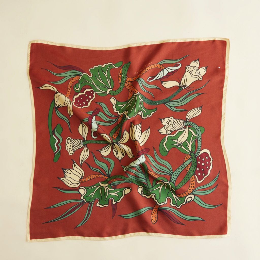 The Lotus Dance Silk Scarf / Terra Cotta Orange / Size 65x65