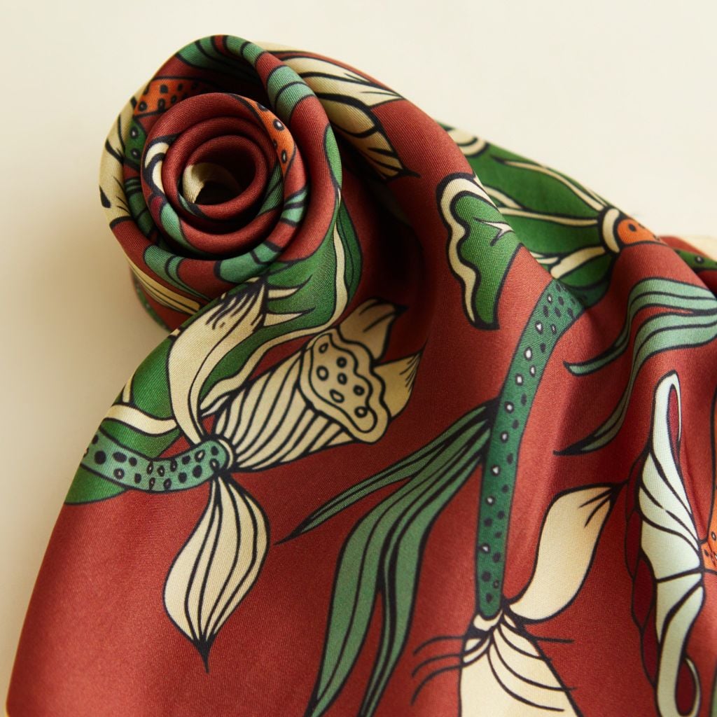 The Lotus Dance Silk Scarf / Terra Cotta Orange / Size 65x65