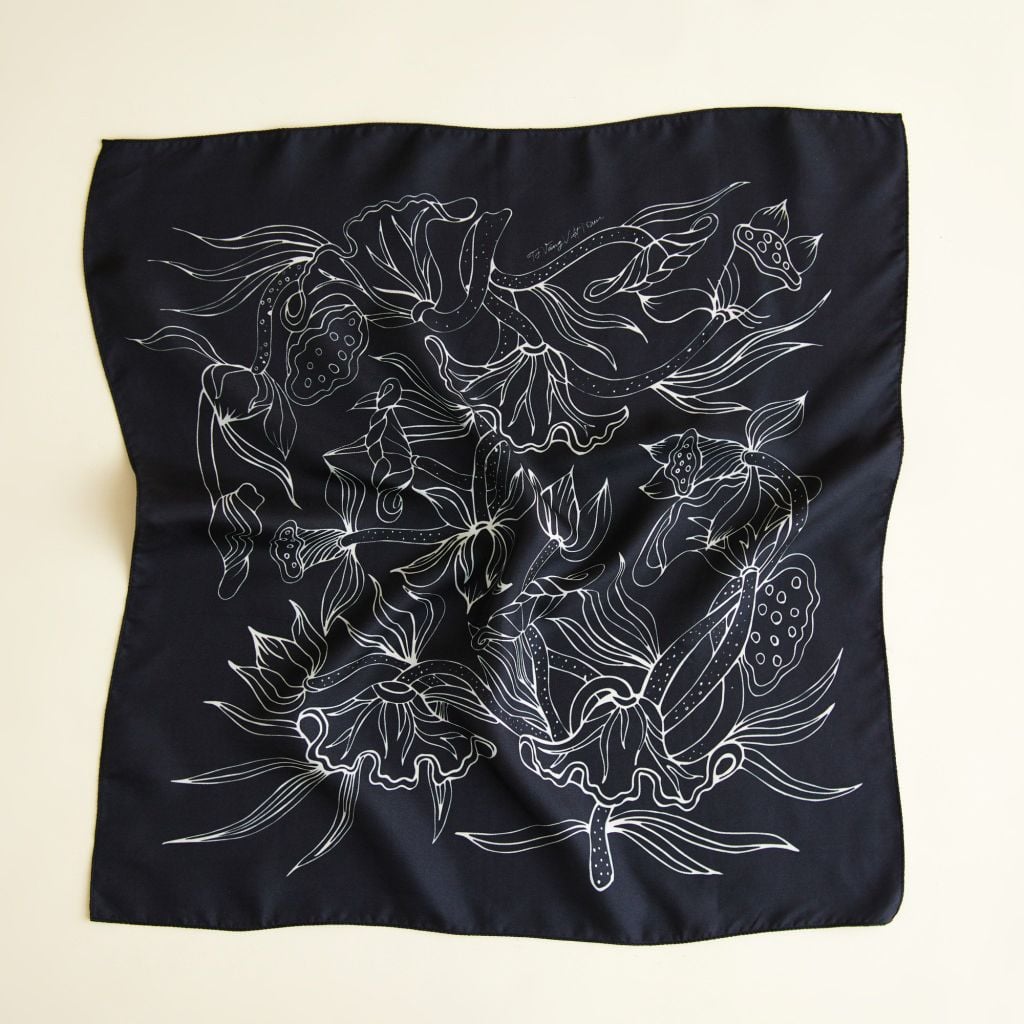 The Lotus Dance Silk Scarf / Black / Size 65x65