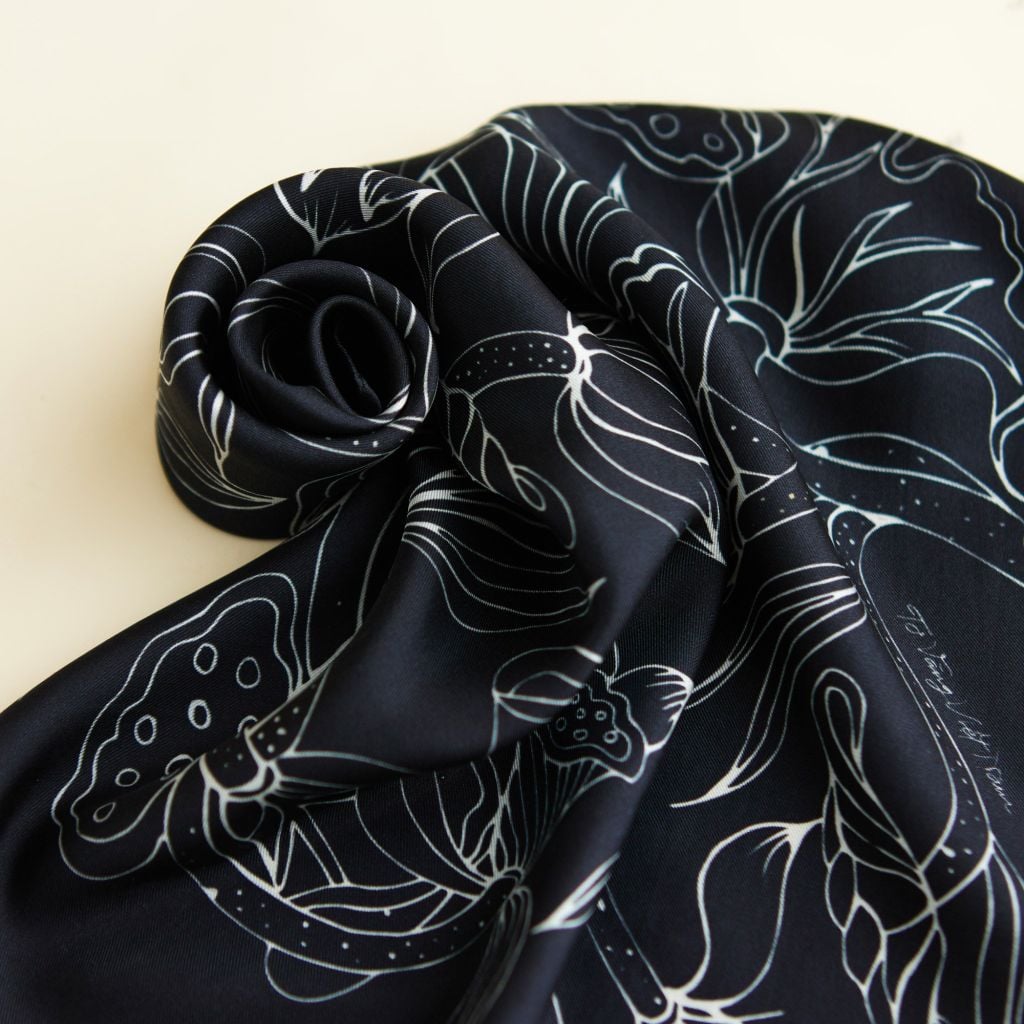 The Lotus Dance Silk Scarf / Black / Size 65x65