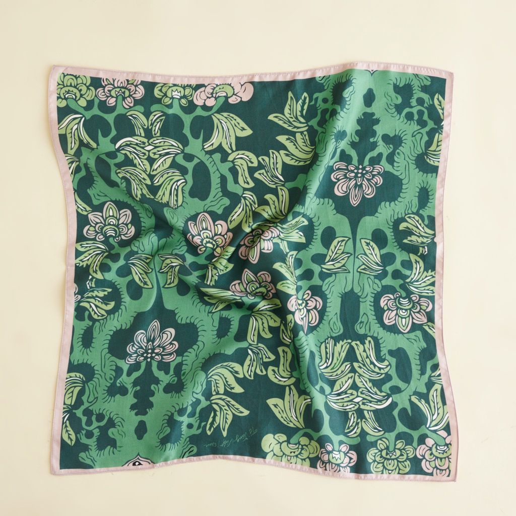 The Garden of Youth Silk Scarf / Green-Light Pink / size 65x65