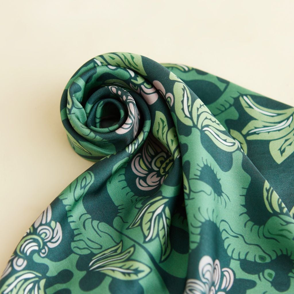 The Garden of Youth Silk Scarf / Green-Light Pink / size 65x65