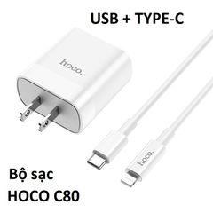 Bộ sạc Hoco C80 chính hãng dành cho iPhone , 2 cổng sạc USB và Type-C (PD 20W), chuẩn PD3.0, sạc nhanh 3A