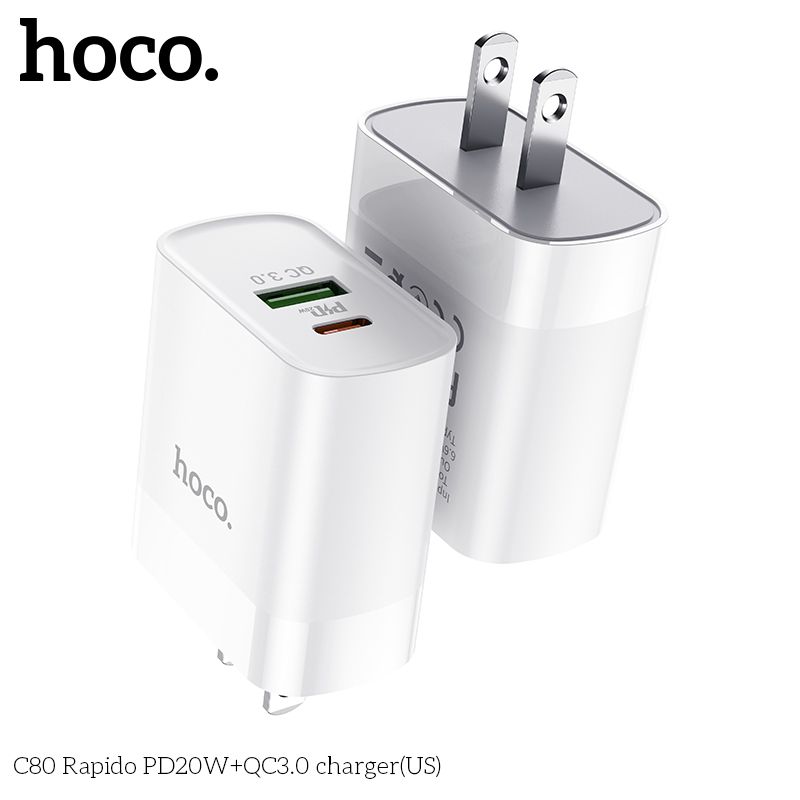 Củ sạc nhanh PD 20W Hoco C80 2 cổng ( USB + Type-C ) 3A, Quick charger 3.0