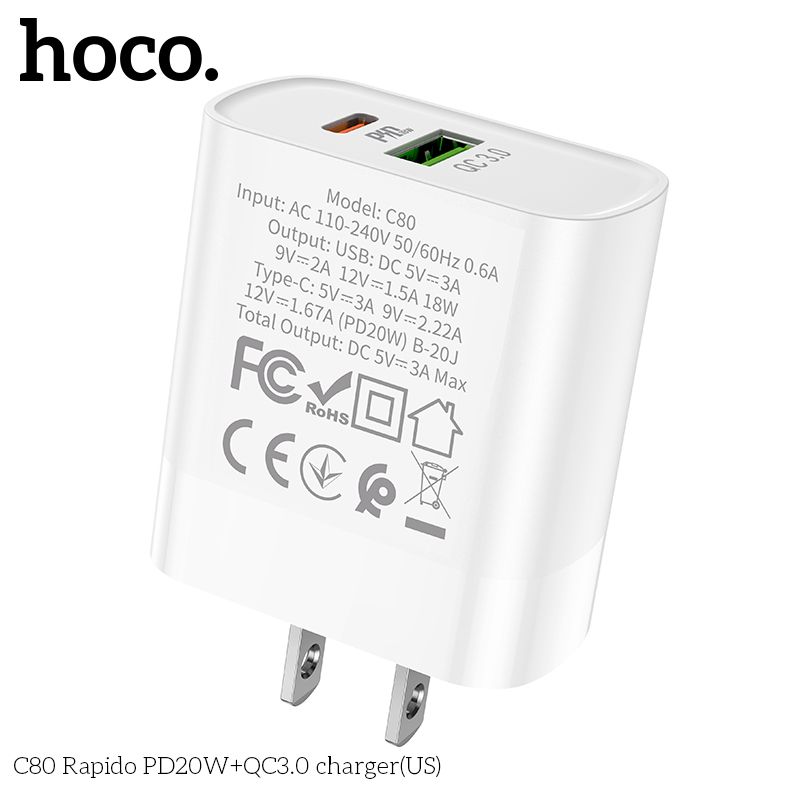 Củ sạc nhanh PD 20W Hoco C80 2 cổng ( USB + Type-C ) 3A, Quick charger 3.0