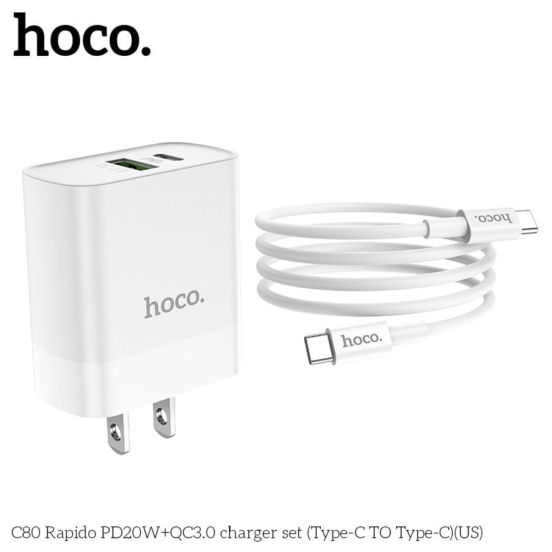 Bộ sạc Hoco C80 chính hãng dành cho iPhone , 2 cổng sạc USB và Type-C (PD 20W), chuẩn PD3.0, sạc nhanh 3A