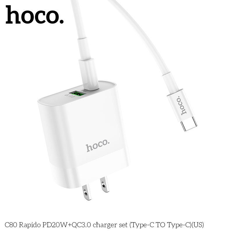 Bộ sạc Hoco C80 chính hãng dành cho iPhone , 2 cổng sạc USB và Type-C (PD 20W), chuẩn PD3.0, sạc nhanh 3A