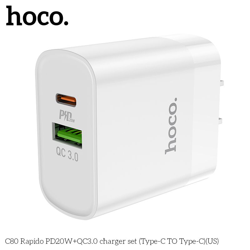 Bộ sạc Hoco C80 chính hãng dành cho iPhone , 2 cổng sạc USB và Type-C (PD 20W), chuẩn PD3.0, sạc nhanh 3A