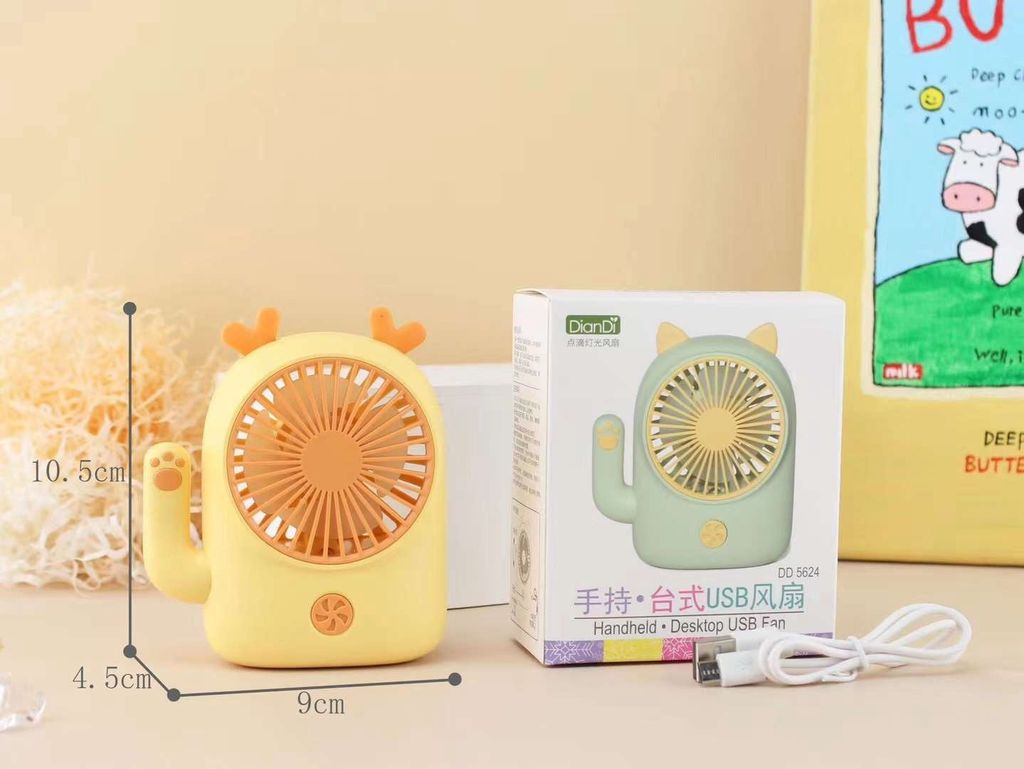 Quạt mini hình gấu Cute, tích hợp LED, tích hợp pin sạc