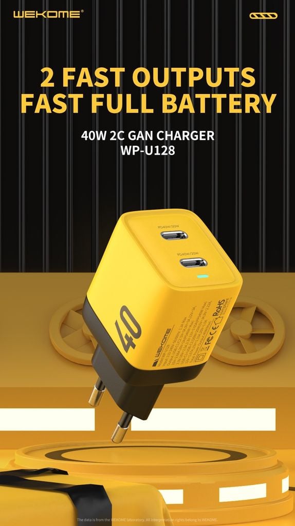 Củ Sạc Nhanh 40W WEKOME GaN WP-U128, Chân Chuẩn EU, Hỗ Trợ Sạc Nhanh PD 20W Cho 2 Thiết Bị Cùng Lúc