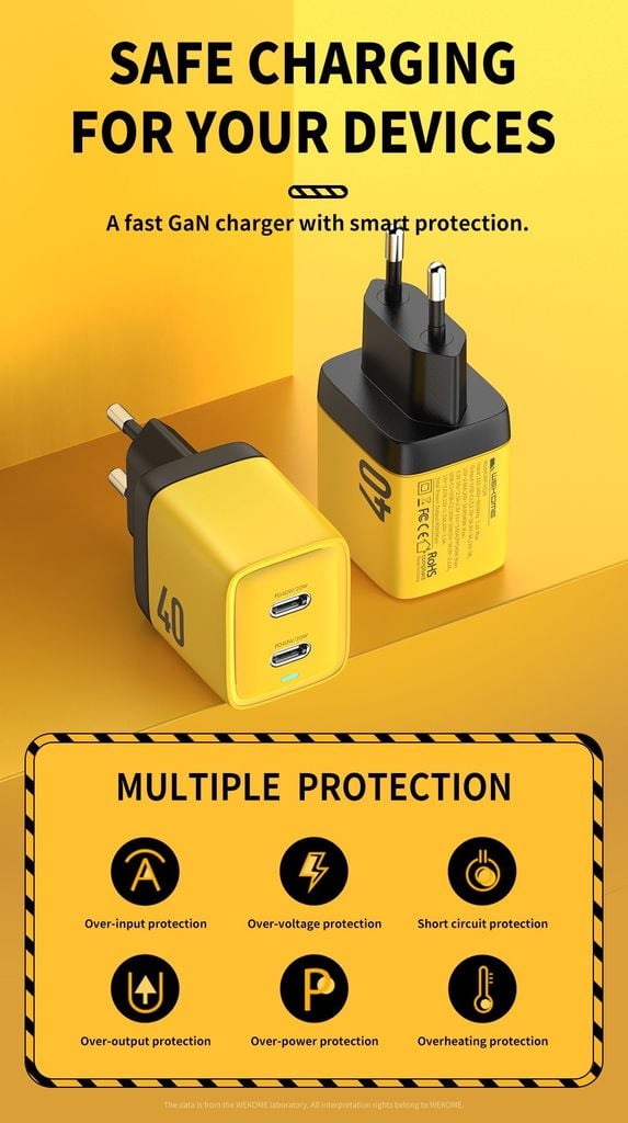 Củ Sạc Nhanh 40W WEKOME GaN WP-U128, Chân Chuẩn EU, Hỗ Trợ Sạc Nhanh PD 20W Cho 2 Thiết Bị Cùng Lúc