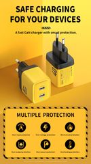 Củ Sạc Nhanh 40W WEKOME GaN WP-U128, Chân Chuẩn EU, Hỗ Trợ Sạc Nhanh PD 20W Cho 2 Thiết Bị Cùng Lúc
