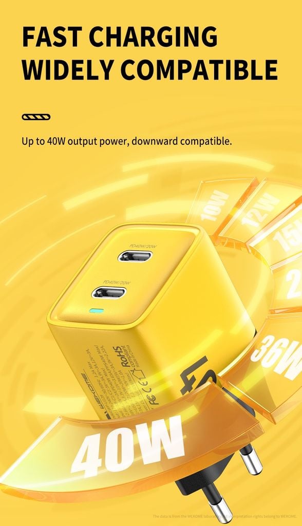 Củ Sạc Nhanh 40W WEKOME GaN WP-U128, Chân Chuẩn EU, Hỗ Trợ Sạc Nhanh PD 20W Cho 2 Thiết Bị Cùng Lúc