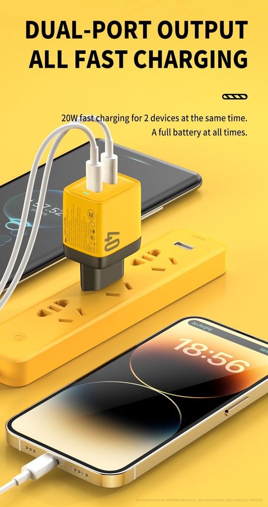 Củ Sạc Nhanh 40W WEKOME GaN WP-U128, Chân Chuẩn EU, Hỗ Trợ Sạc Nhanh PD 20W Cho 2 Thiết Bị Cùng Lúc