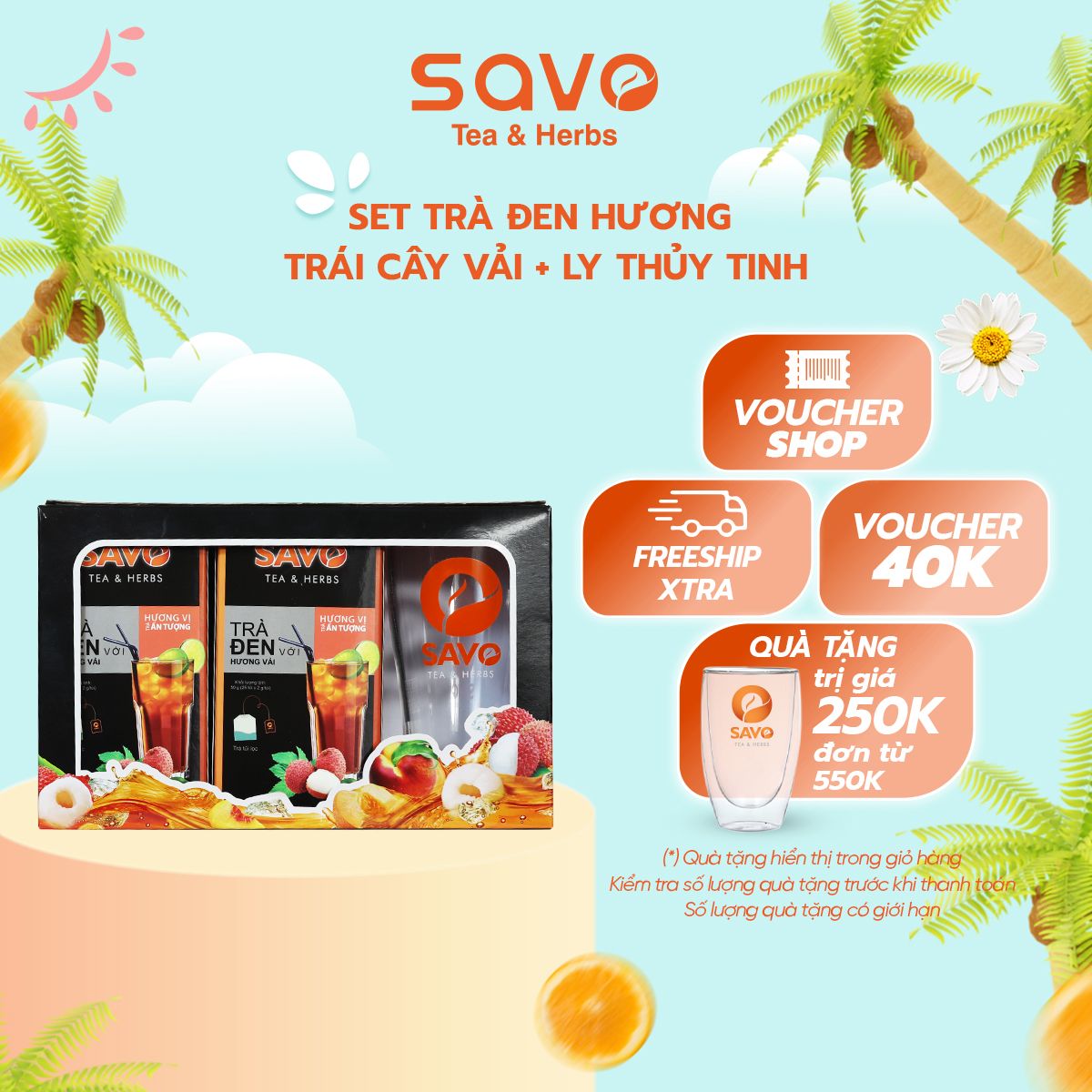  Set quà tặng 2 hộp trà đen hương đào và vải tặng 1 ly sứ (2 x 25 gói) 