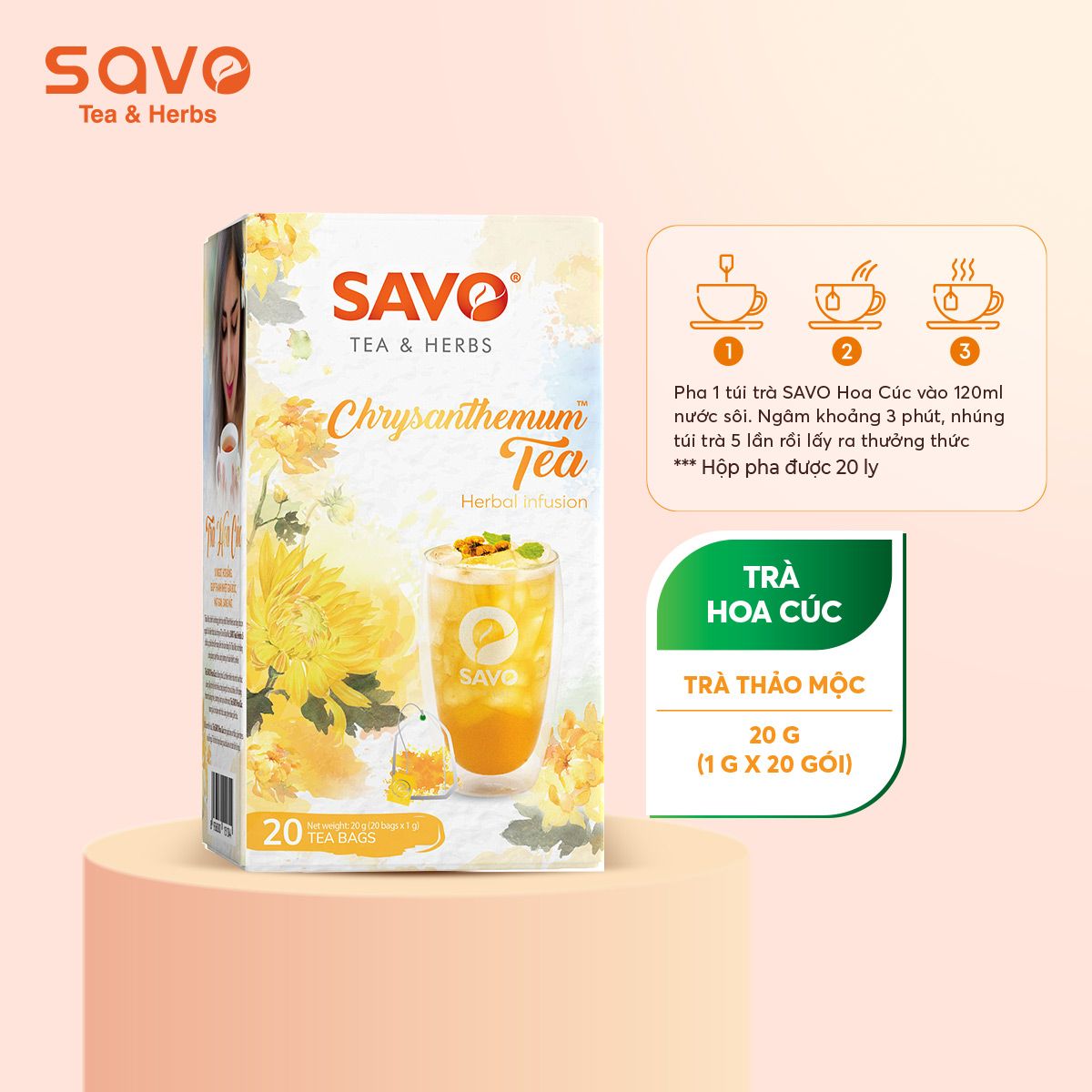  Trà Thảo Mộc Túi Lọc Kép SAVO Hoa Cúc (Hộp 20 Gói) 