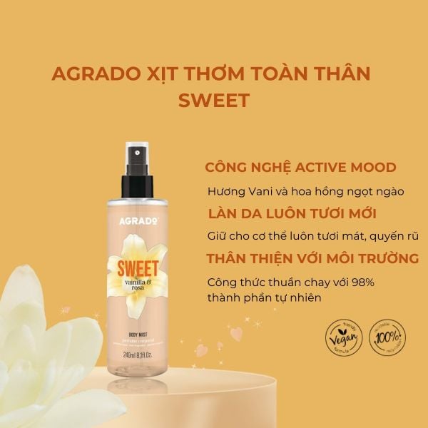 Xịt thơm toàn thân Body Mist Agrado Sweet 240ml