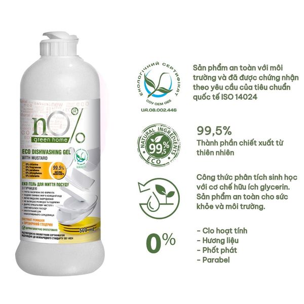 Gel rửa chén bát nO% Green Home Eco với mù tạt 500ml