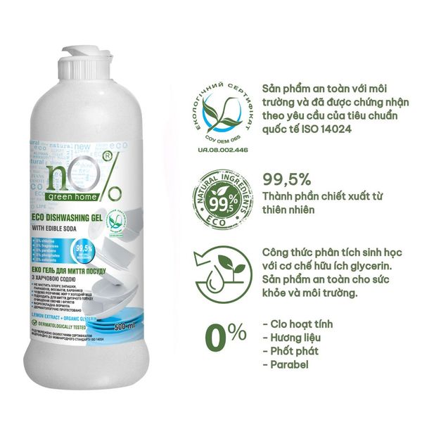 Gel rửa chén bát nO% Green Home Eco với Baking Soda 500ml