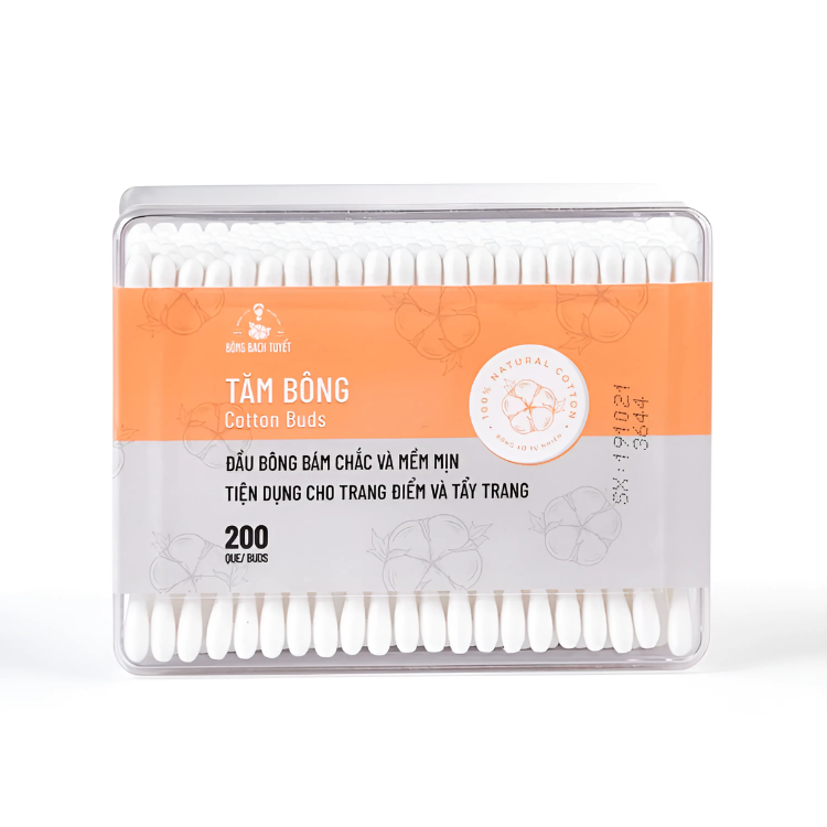  Tăm bông Bạch Tuyết, hộp 200 que, chất lượng cao, sản xuất tại Việt Nam 