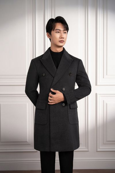 Măng tô ghi trơn 2 hàng khuy túi ốp - MT005