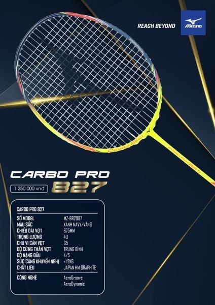 Vợt Cầu Lông Mizuno CARBO PRO 827 Xanh Navy Vàng - Chính Hãng 