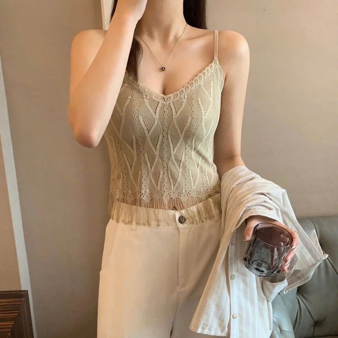  Áo 2 Dây Len Dệt Kim Có Mút Đệm 