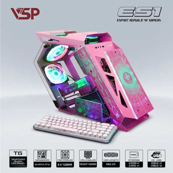 Vỏ máy tính VSP ESPORT ROG ES1 | Hồng/Trắng/Đen/Xanh | M-ATX/ITX