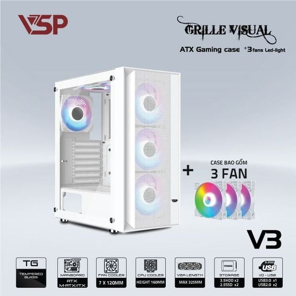 Vỏ Case VSP GAMING V3 TRẮNG (ATX/Mid Tower)