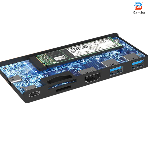 BOX SSD Bamba B7 M2 (NGFF) + 2 Usb 3.0+ HDMI + 2 Đọc thẻ + USB C – USB C (Nhôm - Xám)