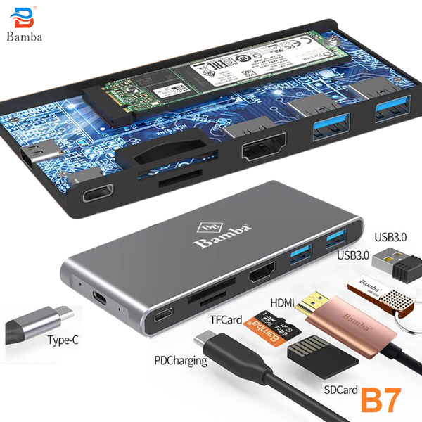 BOX SSD Bamba B7 M2 (NGFF) + 2 Usb 3.0+ HDMI + 2 Đọc thẻ + USB C – USB C (Nhôm - Xám)