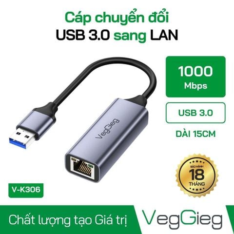 Cáp chuyển VEGGIEG USB 3.0 ra LAN 1000Mbps V-K306