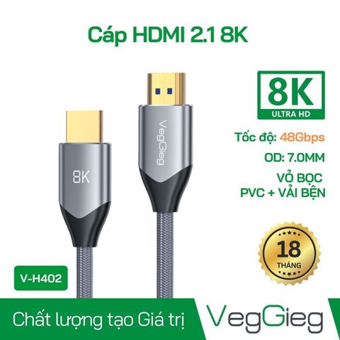 Cáp HDMI VEGGIEG dài 2m chuẩn 2.1 hỗ trợ 8K 60Hz V-H403