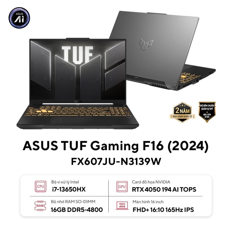 Laptop ASUS TUF Gaming F16 FX607JU-N3139W (i7-13650HX | RTX4050 | 16 inch WUXGA | 16GB | 512GB | Win 11 Home | Xám)