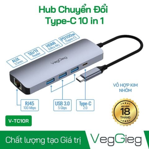 Bộ chuyển đổi VEGGIEG USB Type-C ra HDMI + USB 3.0 + 2* USB 2.0 + PD 100W + Type-C + SD/TF + RJ45 100Mbps V-TC10R
