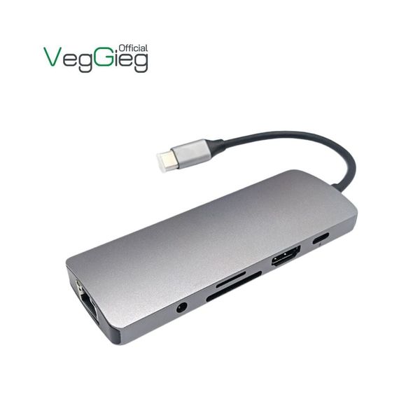 Bộ chuyển đổi VEGGIEG USB Type-C ra HDMI + USB 3.0 + 2* USB 2.0 + PD 100W + Type-C + SD/TF + RJ45 100Mbps V-TC10R