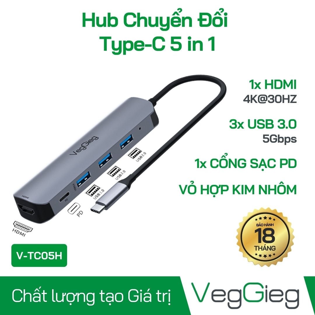 BỘ CHUYỂN ĐỔI USB Type C SANG HDMI+3xUSB 3.0+PD VEGGIEG V-TC05H