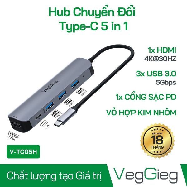 BỘ CHUYỂN ĐỔI USB Type C SANG HDMI+3xUSB 3.0+PD VEGGIEG V-TC05H
