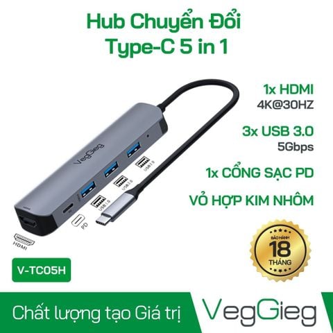 BỘ CHUYỂN ĐỔI USB Type C SANG HDMI+3xUSB 3.0+PD VEGGIEG V-TC05H